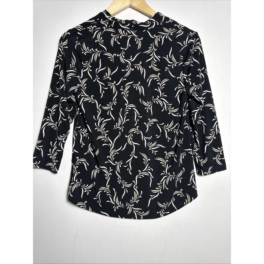JM Collection‎ Women's Printed 3/4 Sleeve V-neck Knit Top Petite Small Black